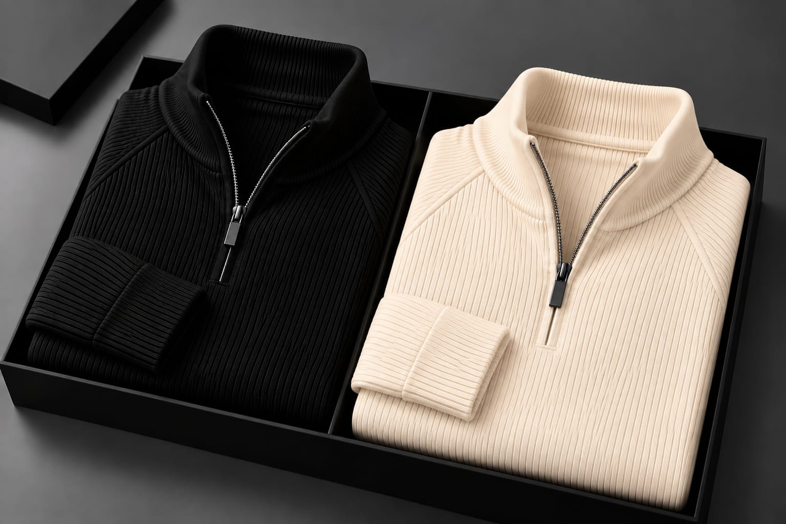 Men's High Neck Zipper Sweater(2 Pics)-Black,Cream