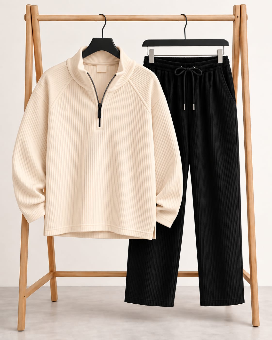 Premium Zipper High Neck Set Combo-Cream,Black