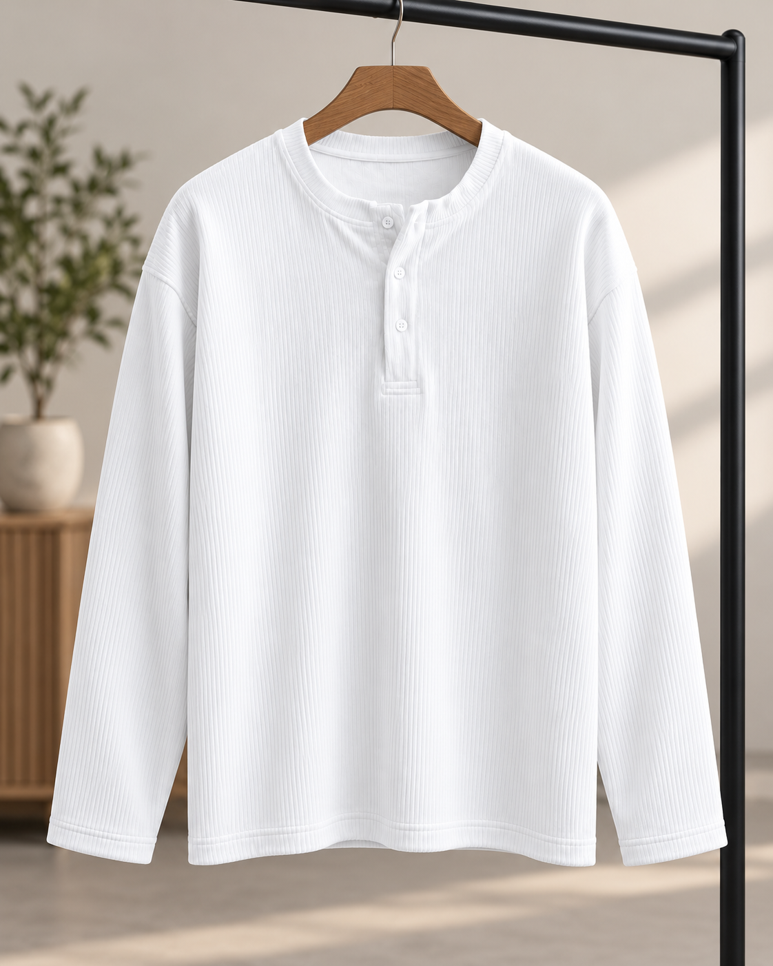 Winter-Ready Premium Henley Full Sleeve T-Shirt(White)
