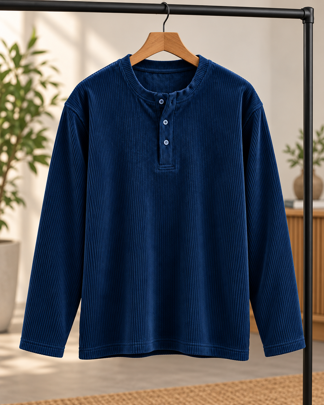 Winter-Ready Premium Henley Full Sleeve T-Shirt(Blue)