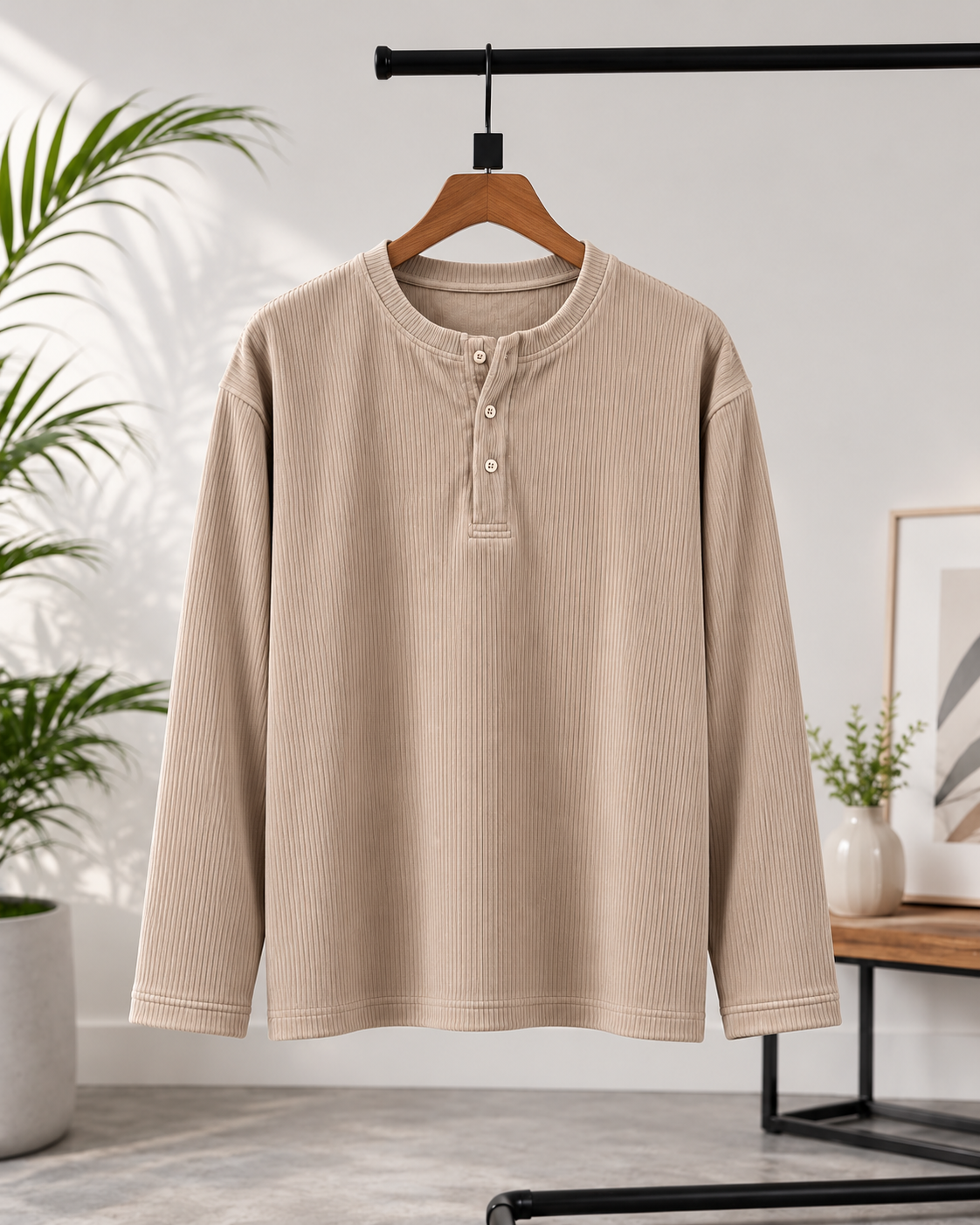 Winter-Ready Premium Henley Full Sleeve T-Shirt(Crean)