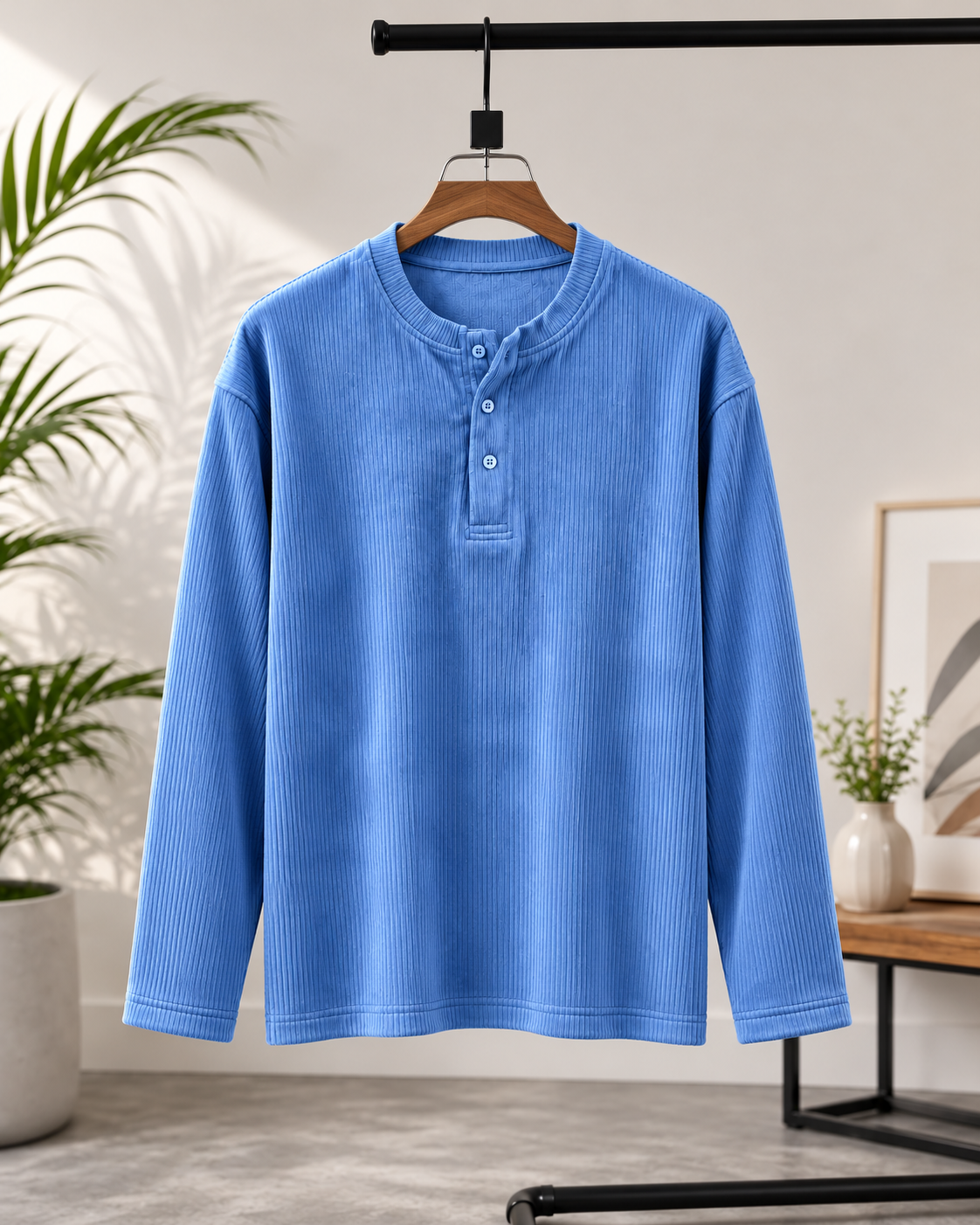 Winter-Ready Premium Henley Full Sleeve T-Shirt(Sky)