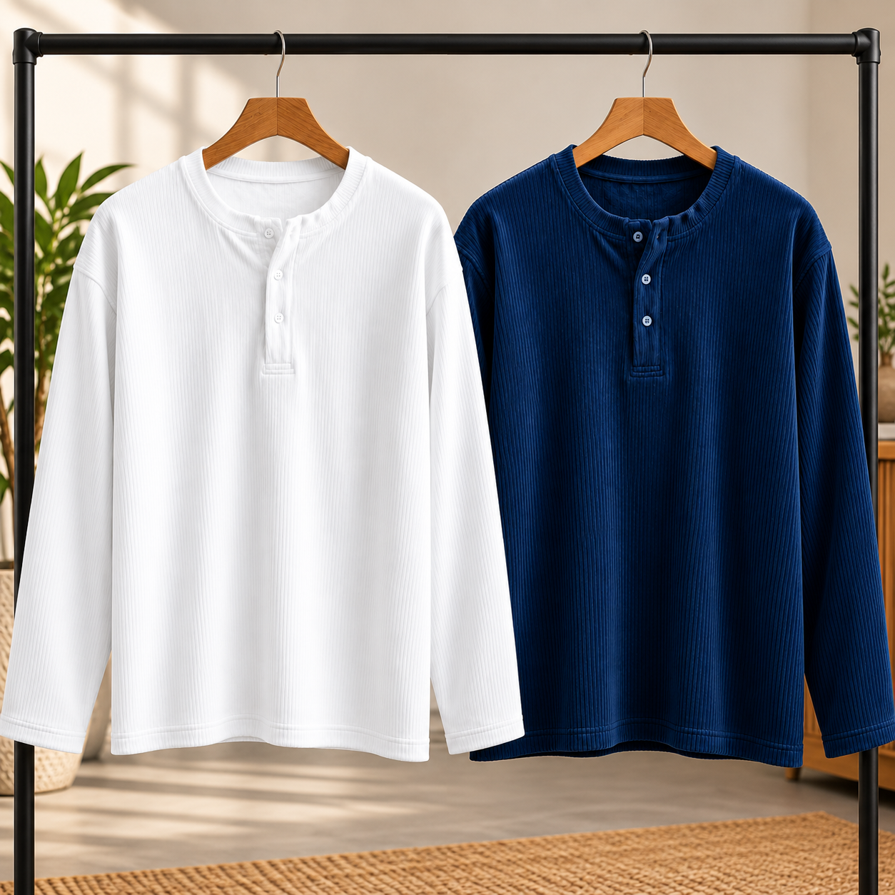 Winter-Ready Premium Henley Full Sleeve T-Shirt(White,Blue)