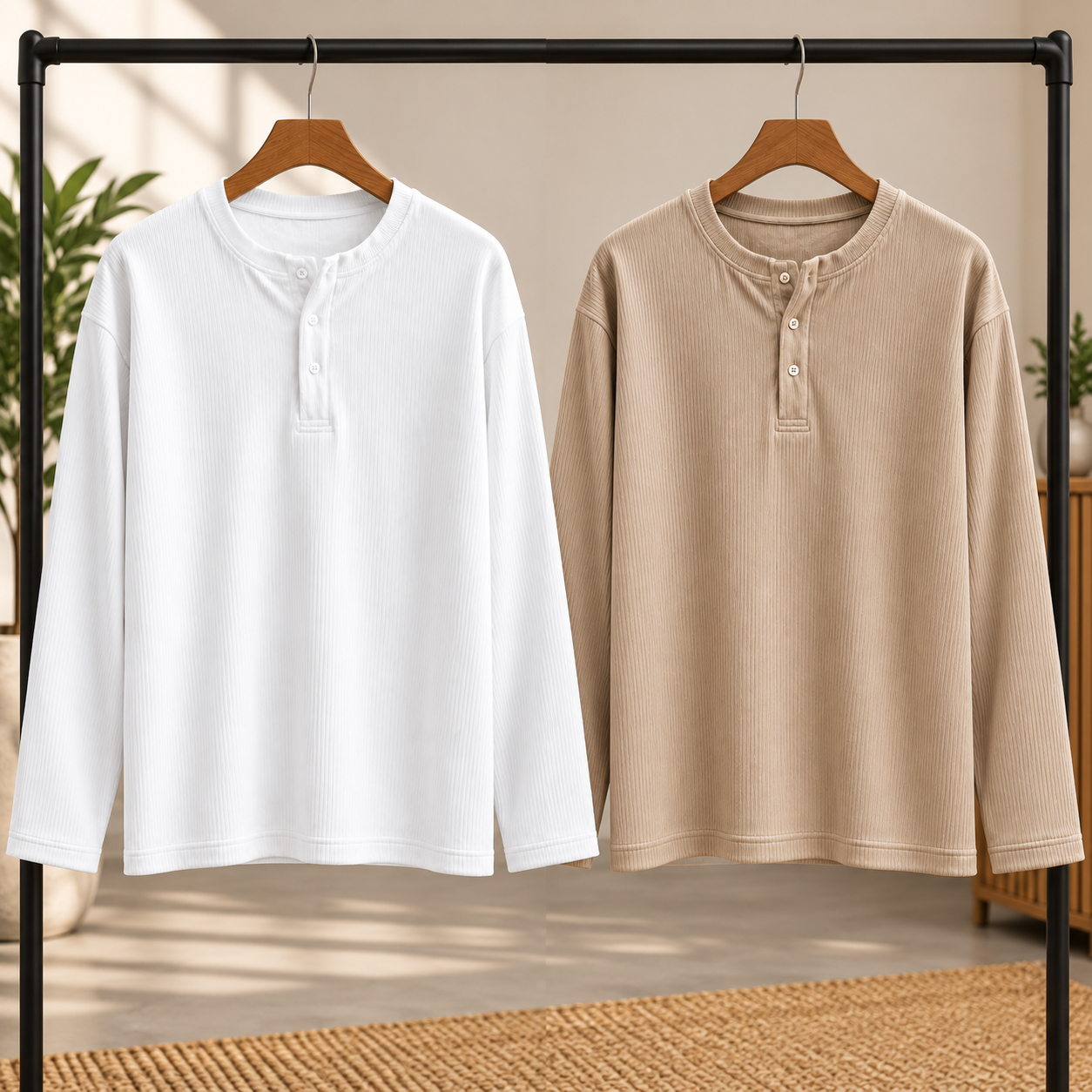 Winter-Ready Premium Henley Full Sleeve T-Shirt(White,Cream)