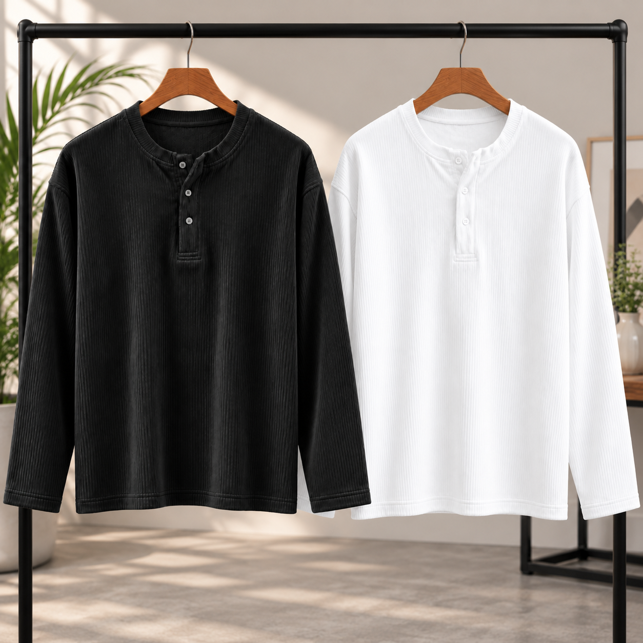 Winter-Ready Premium Henley Full Sleeve T-Shirt(White,Black)