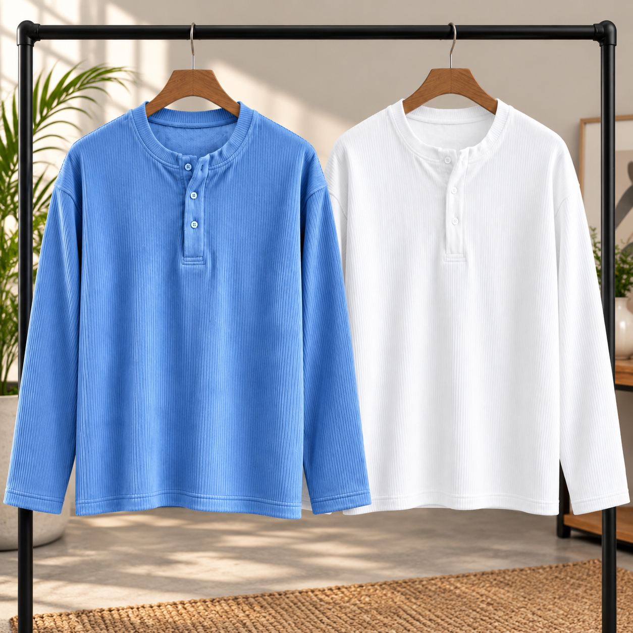 Winter-Ready Premium Henley Full Sleeve T-Shirt(White,Sky)