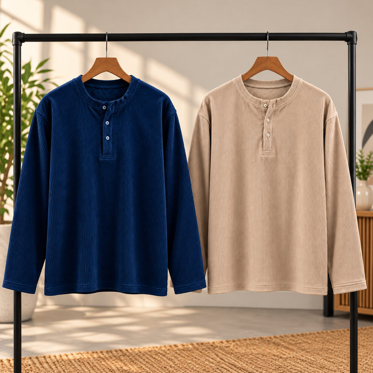 Winter-Ready Premium Henley Full Sleeve T-Shirt(Blue,Cream)