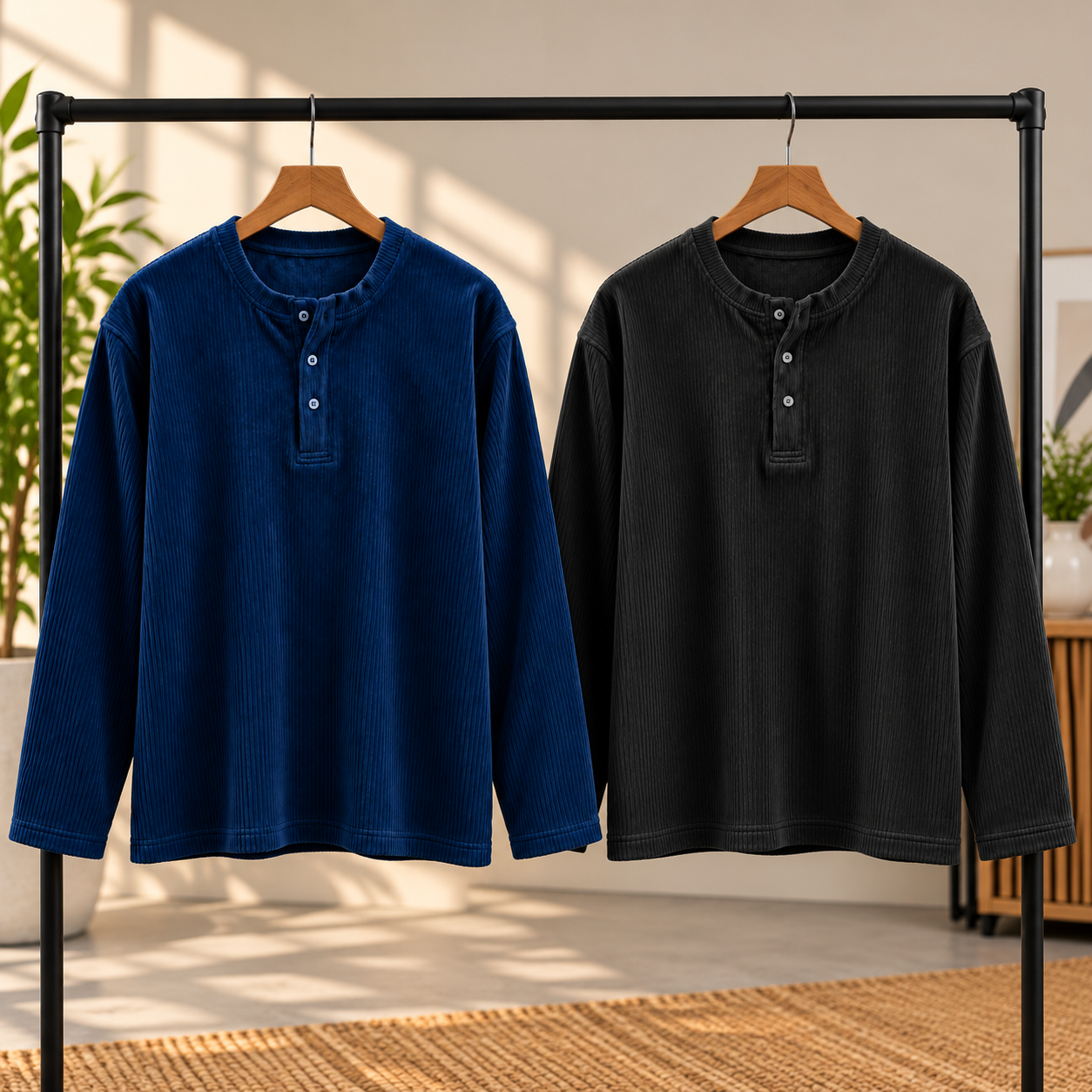 Winter-Ready Premium Henley Full Sleeve T-Shirt(Black,Blue)