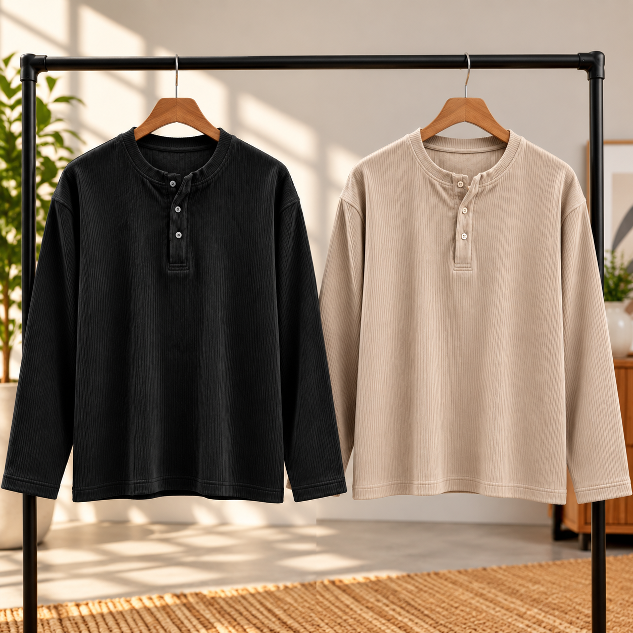 Winter-Ready Premium Henley Full Sleeve T-Shirt(Black,Cream)