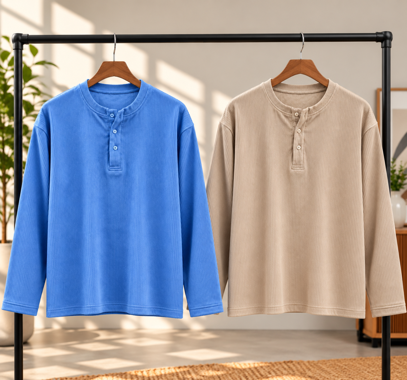 Winter-Ready Premium Henley Full Sleeve T-Shirt(Sky,Cream)