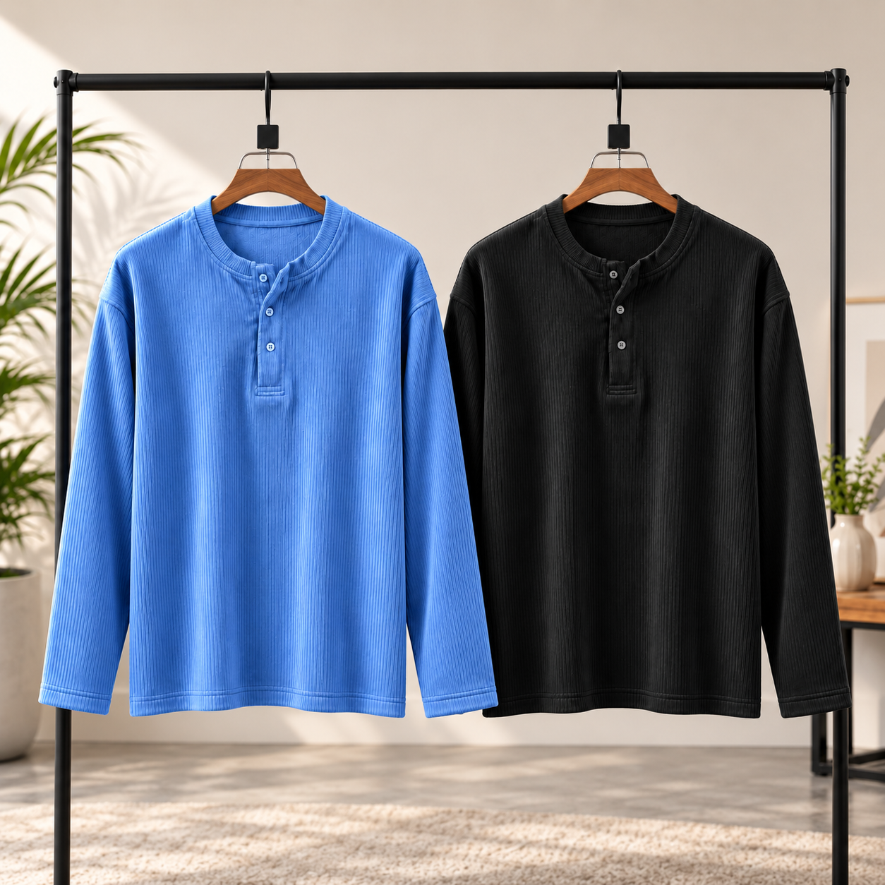 Winter-Ready Premium Henley Full Sleeve T-Shirt(Black,Sky)