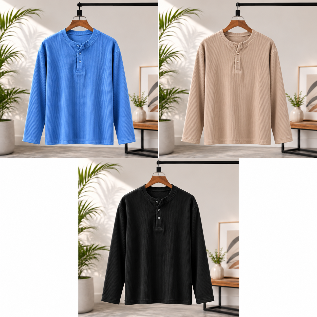 Winter-Ready Premium Henley Full Sleeve T-Shirt(Sky,Cream,Black)