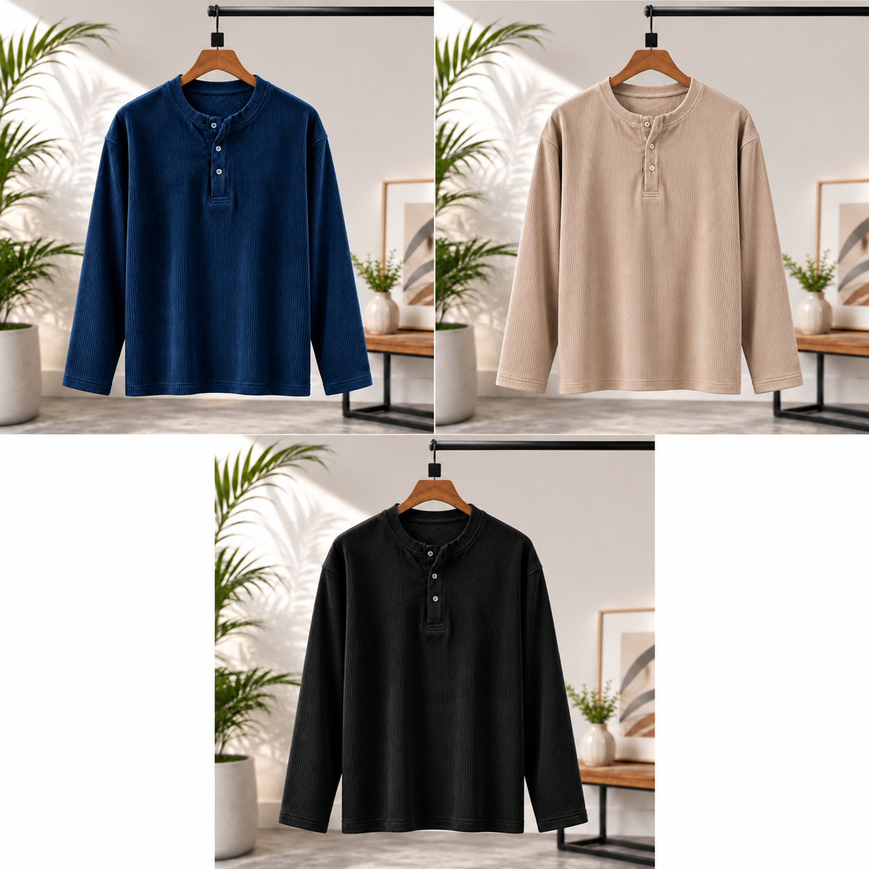 Winter-Ready Premium Henley Full Sleeve T-Shirt(Black,Blue,Cream)